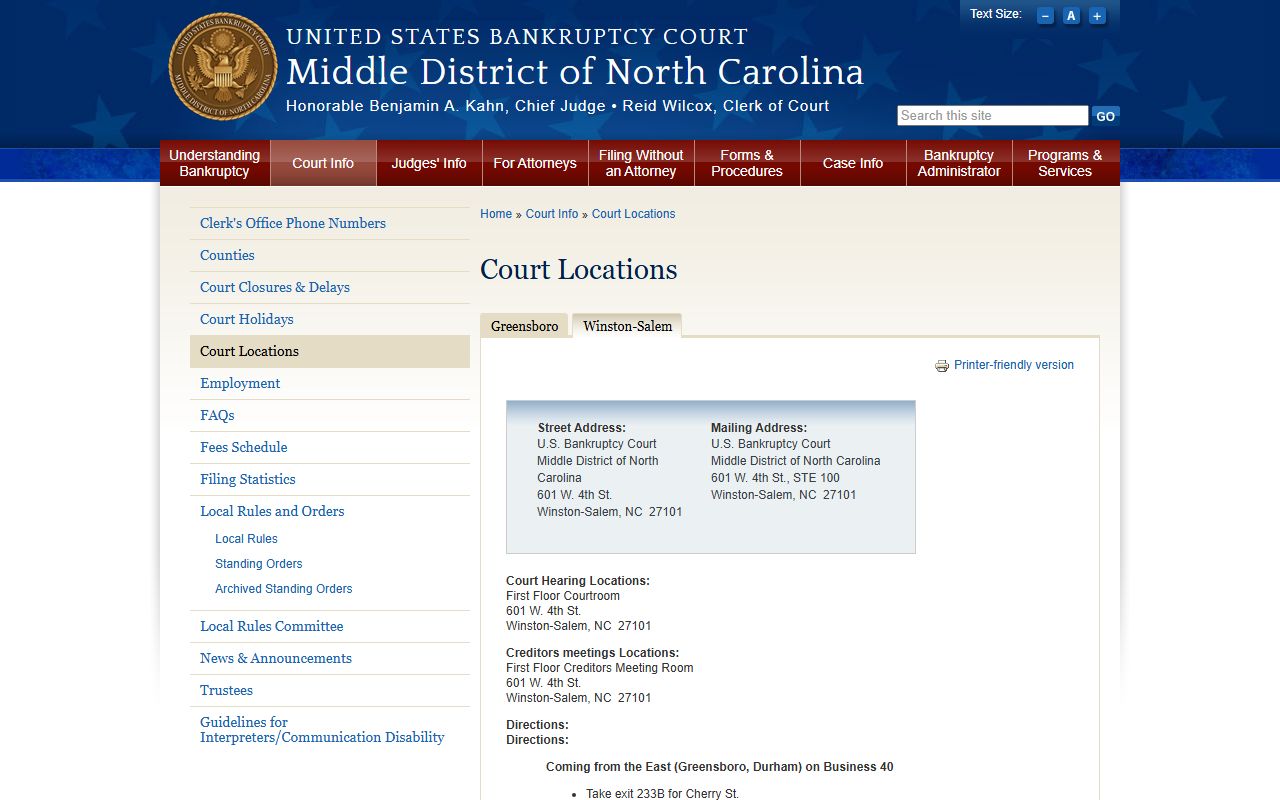 Cabarrus County bankruptcy records Winston-Salem court location