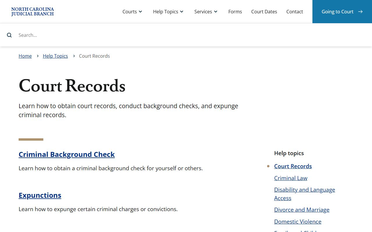North Carolina bankruptcy records NC Judicial Branch court records page