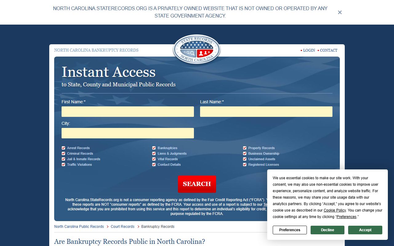 North Carolina bankruptcy records state records guide