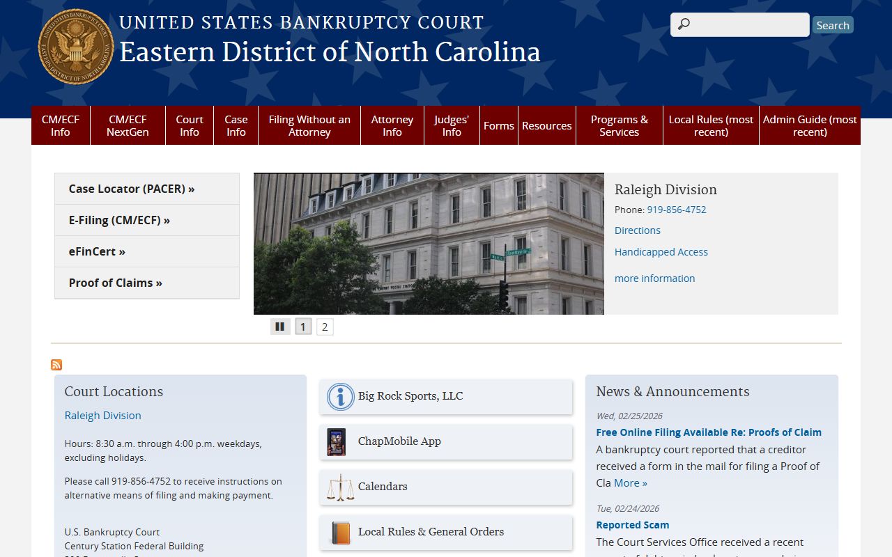 North Carolina bankruptcy records Eastern District court website